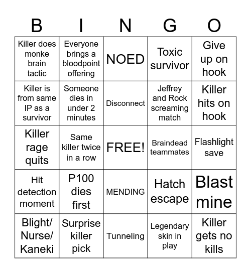 DBD survivor bingo card Bingo Card