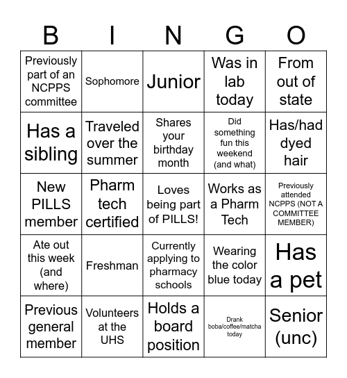 PILLS Bingo Card