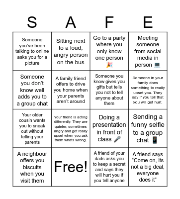 Safe/unsafe Bingo Card