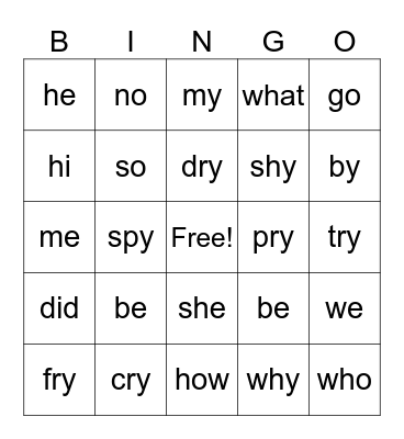Open syllable/One syllable Bingo Card