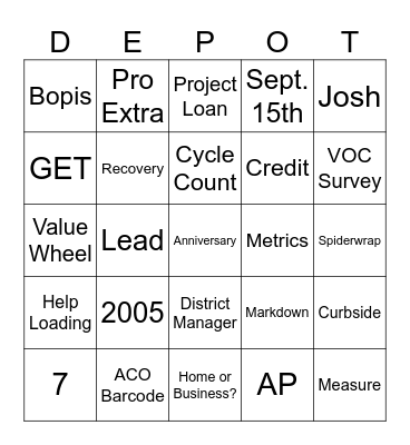 Happy Anniversary Chatham Home Depot Bingo Card