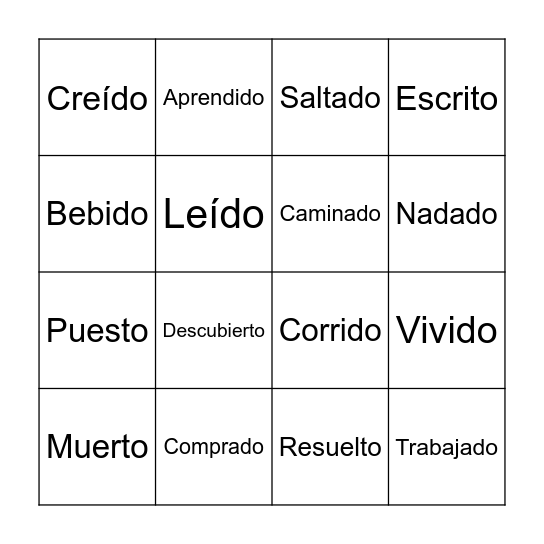 Past Participle Bingo Card