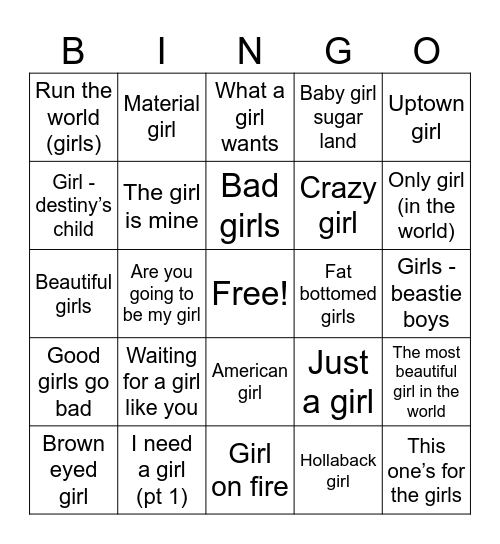 Girl Bingo Card