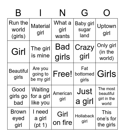 Girl Bingo Card