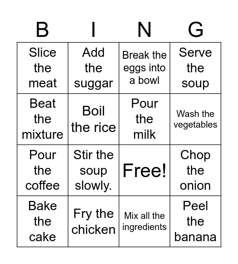 Cooking instructions Bingo Card