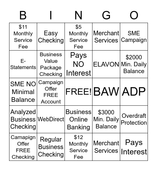 Business Checking Account Bingo Card