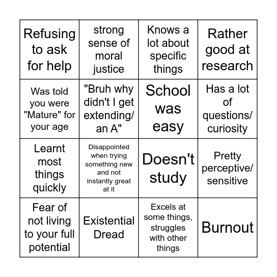 Gifted Kid Bingo Card