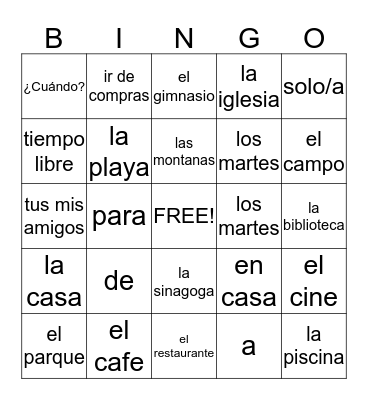 Spanish  Bingo Card