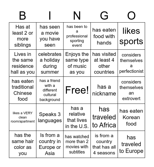 International Student Bingo Card