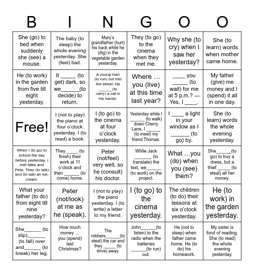 Past Simple and Past Continuous Bingo Card