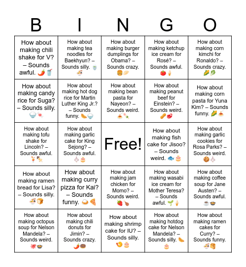 B13 L14 How about making seaweed shake for Jin? – Sounds weird. 🌿🥤 Bingo Card