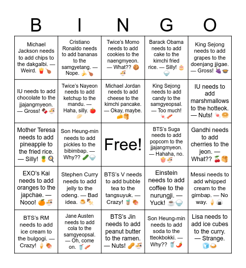 B13 L15 Blackpink’s Jisoo needs to add fish to the hotteok. — Yikes! 🐟🥯 Bingo Card