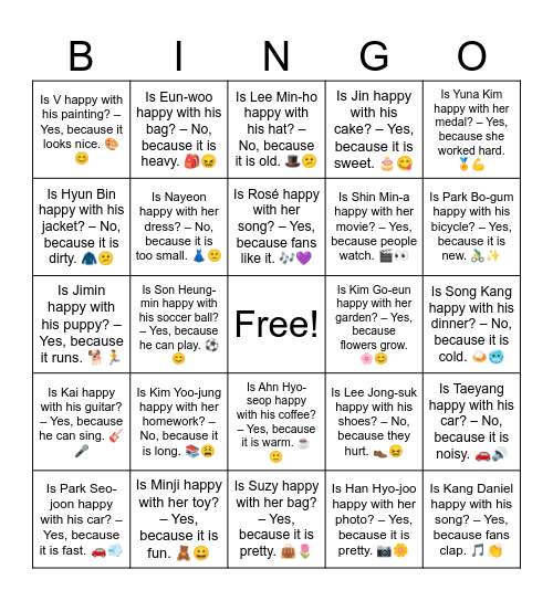 B13 L18 Is Taeyang happy with his car? – No, because it is noisy. 🚗🔊 Bingo Card