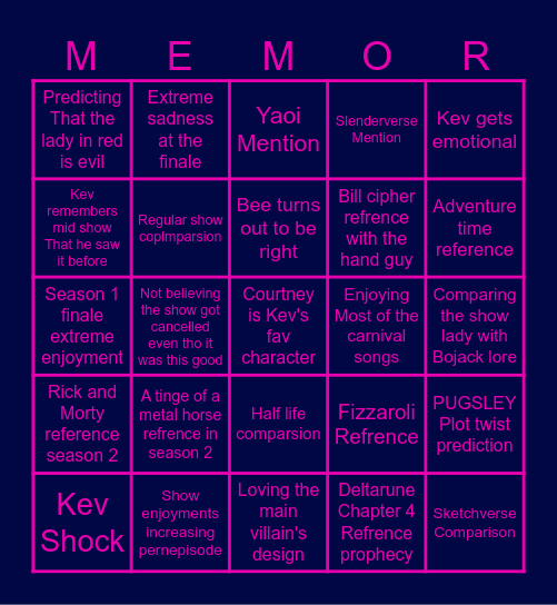 Dead End Dementia Bingo Card