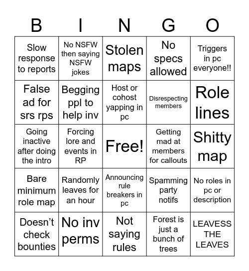 Bad Host Bingo Card