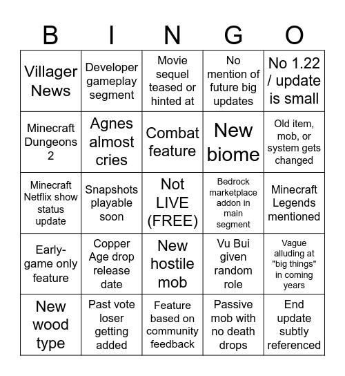 Minecraft LIVE Fall 2025 (September) Bingo Card