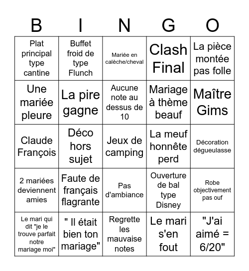 4 mariages pour 1 lune de miel Bingo Card