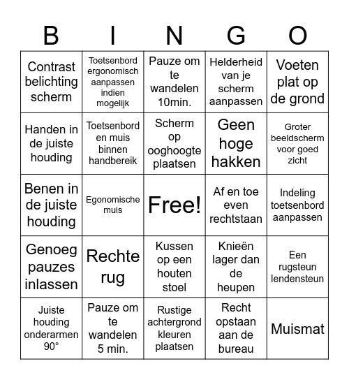 Ergonomische tips Bingo Card