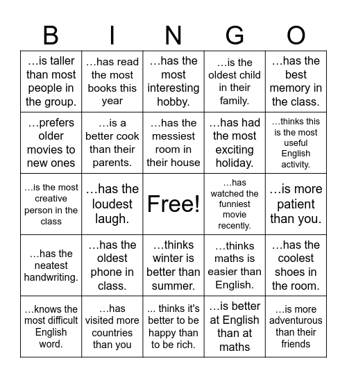 SUPERLATIVES & COMPARATIVES Bingo Card
