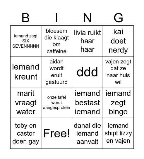 klassen bingo Card