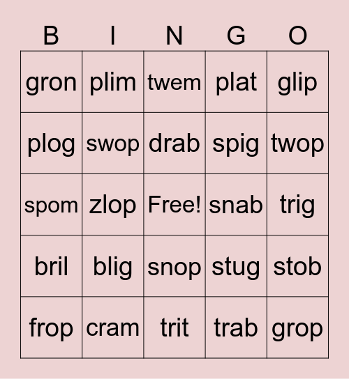 CCVC Nonsense Word Bing Bingo Card