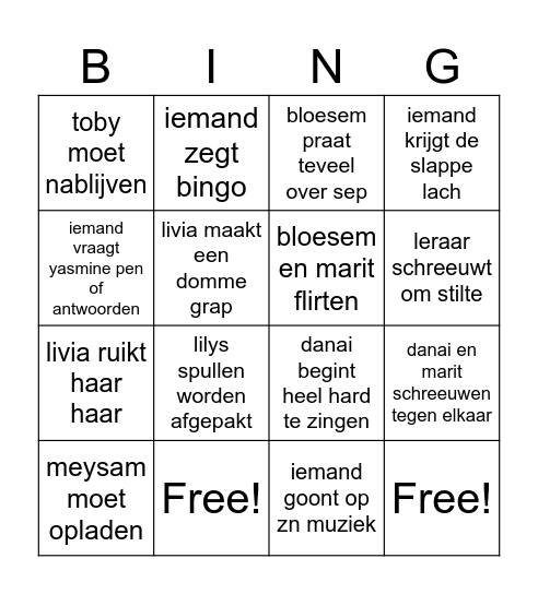 klassen bingo Card