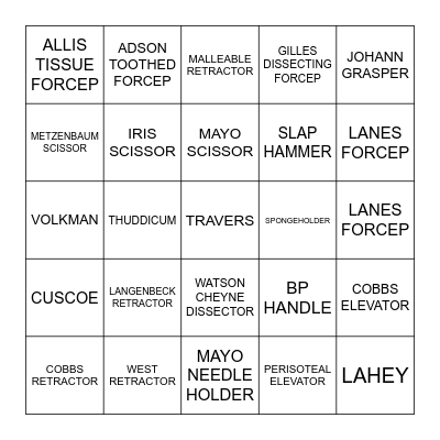 Surgical Instrument Bingo Card