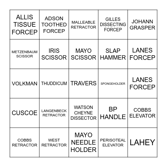 Surgical Instrument Bingo Card
