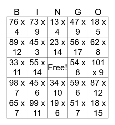 Multiplication Bingo Card
