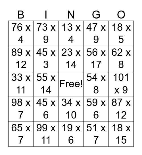 Multiplication Bingo Card