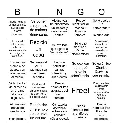 Bingo Biológico Bingo Card