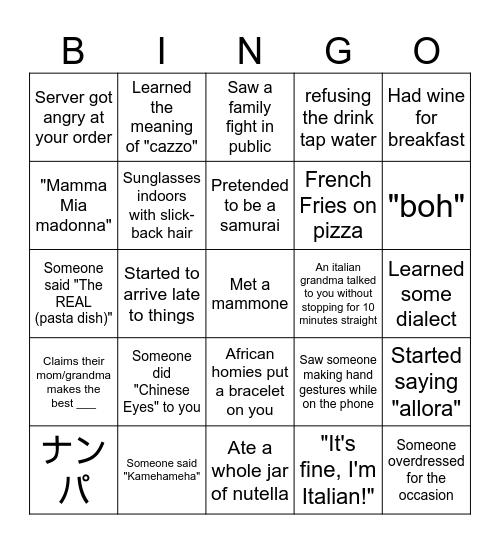 Italy bingo Card