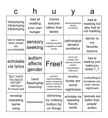 junis autism symptoms bingo Card