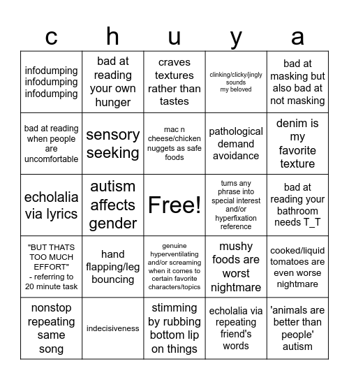 junis autism symptoms bingo Card