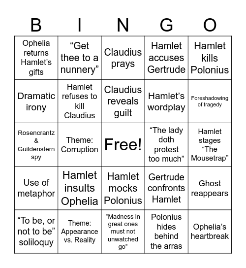 Hamlet Act 3 Bingo Card