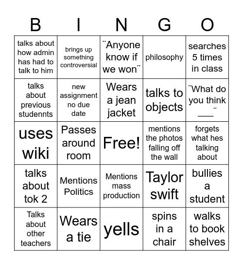 Mr Jaeger Bingo Card