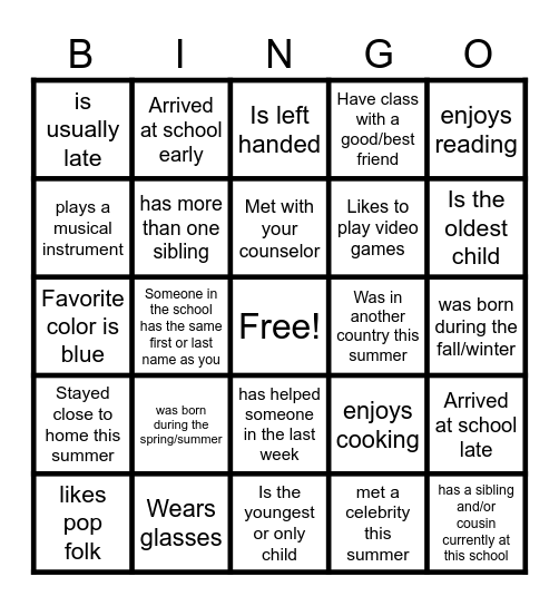 First Day of School Bingo Card