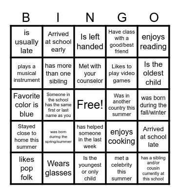 First Day of School Bingo Card