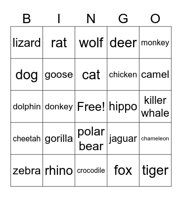 animals Bingo Card