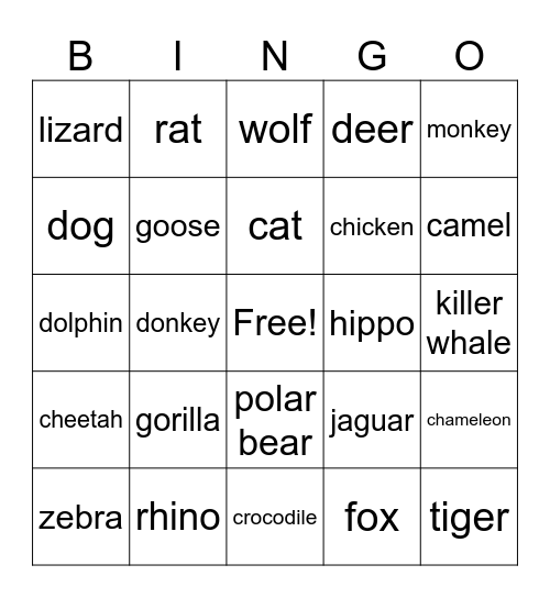 animals Bingo Card