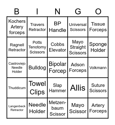 Surgical Instruments Bingo Card