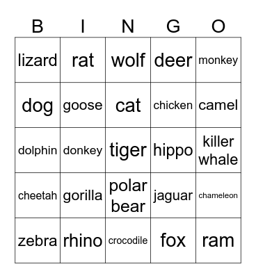 Animals Bingo Card