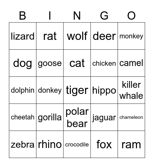 Animals Bingo Card