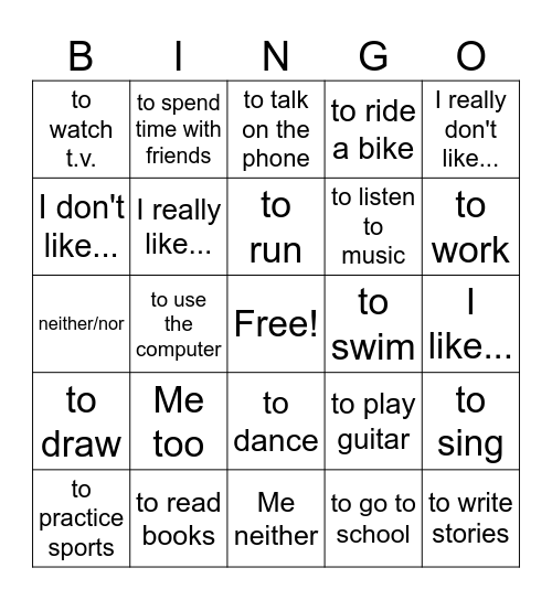 Likes & Dislikes Vocab Bingo Card