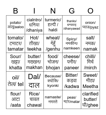 Indian food Bingo Card