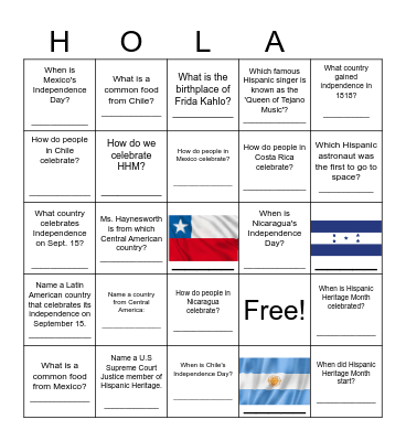 Hispanic Heritage Month Celebration BINGO Card