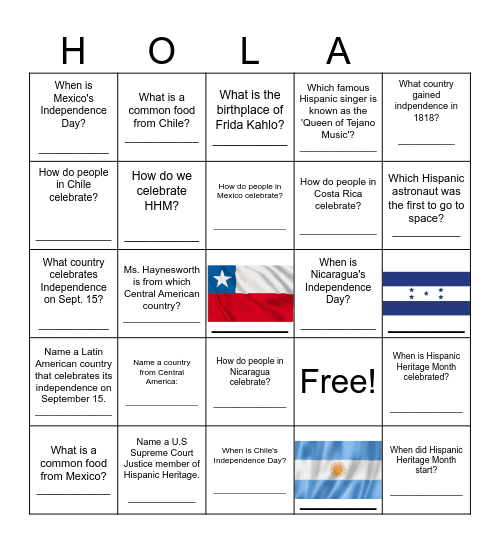 Hispanic Heritage Month Celebration BINGO Card