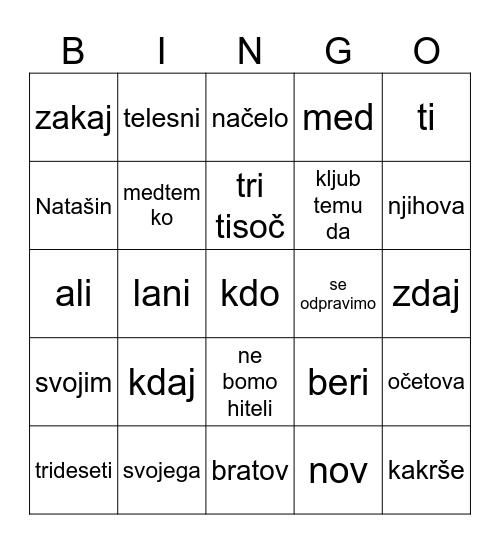Besedne vrste Bingo Card
