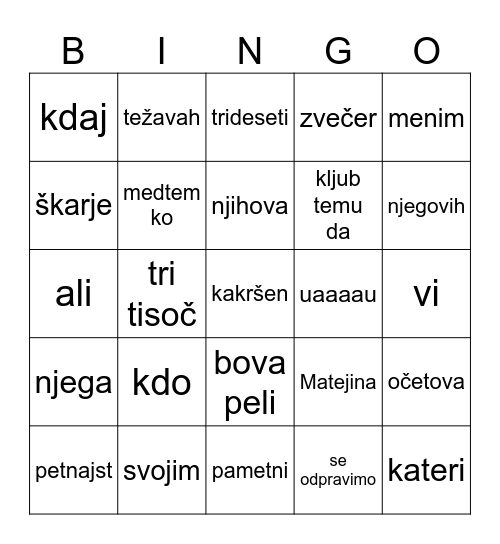 Besedne vrste Bingo Card