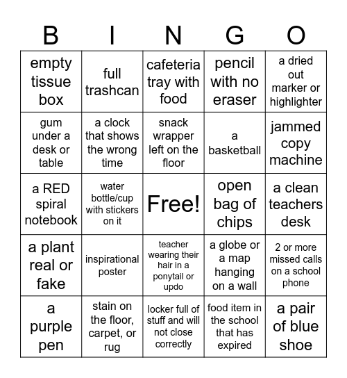 School Teacher BINGO Card